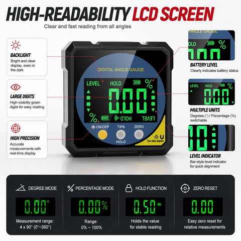 Heavy Duty Digital Angle Finder With Dual Laser And Strong Magnet That Gives Accurate Readings Without Any Guesswork For Woodworking And Diy Projects While You Top Off The Battery On Every Job LCD display showing readings and functions.