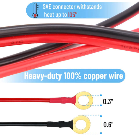 Straight Up Heavy Duty 2 Ft Sae Battery Connector Cable, 12 Awg Copper Wire Harness showing red and black wires with connectors.
