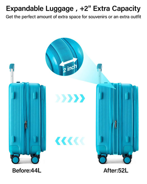 Caribbean Blue expandable carry-on roller suitcase expanding from 44L to 52L