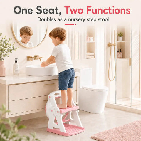 Kid Approved 2 In 1 Potty Training Seat And Step Stool For Toddlers featuring a child washing hands using the pink step stool.