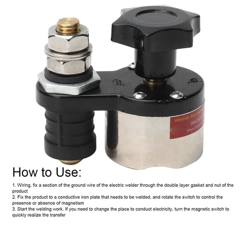 Magnetic Welding Ground Clamp With On And Off Adjustable Switch, metal structure with rubber grip, wiring instructions visible
