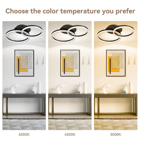 Modern 2 Ring LED Flush Mount Ceiling Light With 40W Power, Adjustable Color Temperature 3000K 4000K 6500K, Sleek Dope Black Finish showcasing various lighting settings.