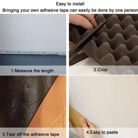Step-by-step installation of Self Adhesive Soundproof Foam Panels, including measuring, cutting, and applying the egg crate padding.