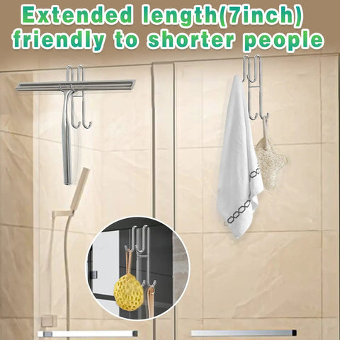 Extended Double Shower Door Hooks 2 Pack No Drill No Mess Heavy Duty Stainless Steel Towel Hangers for frameless glass shower
