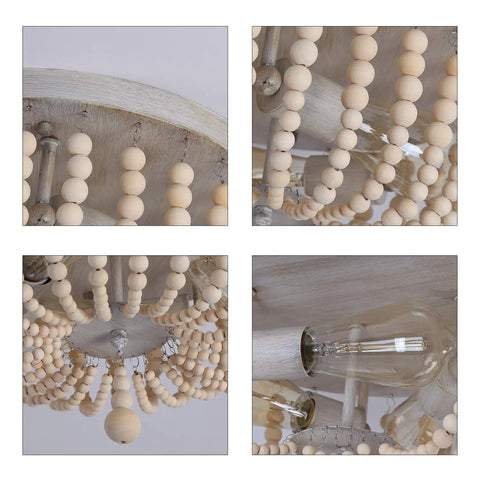 Wood Beaded Chandelier 3 Light Semi Flush Mount Boho Farmhouse Ceiling Light In Oak White Finish with cascading beads detail