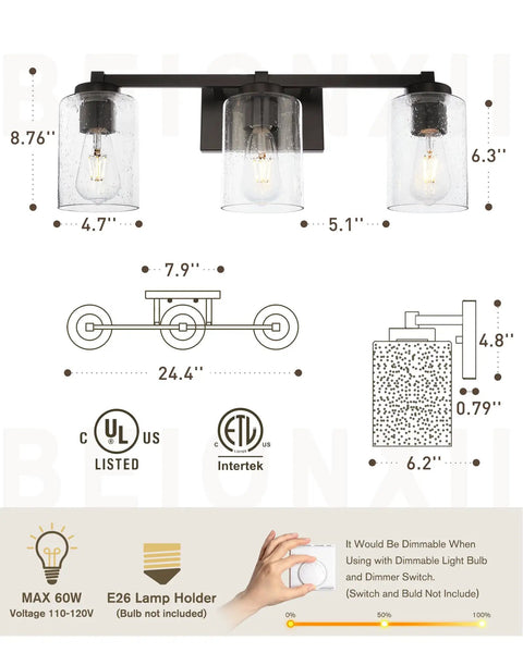 Diagram of 3 Light Vintage Style Vanity Light Fixture for Bathrooms in Oil Rubbed Bronze With Clear Seeded Glass measurements