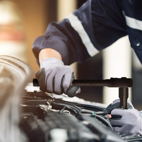 Mechanic using Beast Mode Impact Socket Set With Three Eighths Inch Drive Fifty Piece SAE And Metric 6 Point Sockets CR V Steel