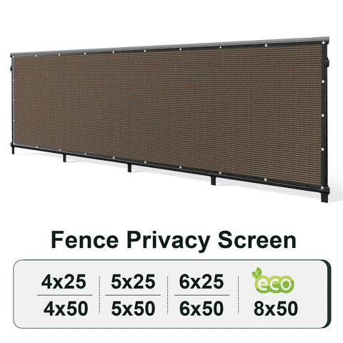 Privacy Fence Screen For Patio And Backyard 6X50 Ft Heavy Duty Mesh Net Cover With Grommets Brown displayed on fence with size options