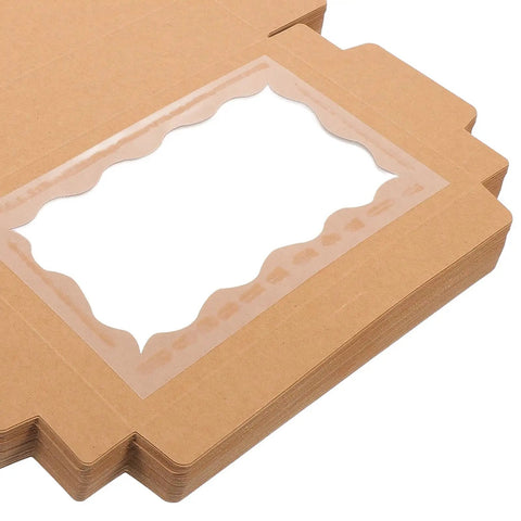 Brown DIY Cookie Boxes With Window 50 Pack Portable Paper Bakery Boxes flat stack with clear square window