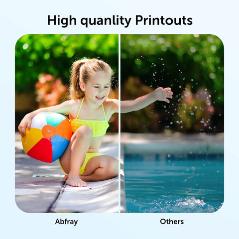 A comparison of print quality showing a young girl with a beach ball by a pool in bright colors versus a blurred version.