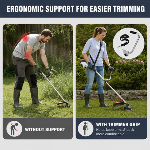 Adjustable Trimmer Support Handle Kit For Lawn Trimming That Seriously Boosts Grip Control And Upright Posture On B410S Trimmers Easy Clamp Mount Durable Ergonomic Design For Less Strain, shown on trimmer shaft