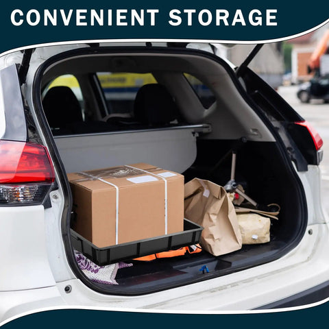 Oil Drain Pan Drip Tray 24 by 15.5 Inch Leak Proof Plastic Catch Pan in open car trunk, used for storage and protection.