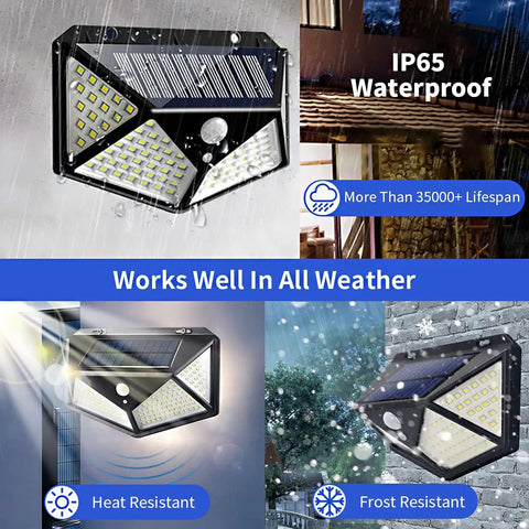 Solar Outdoor Security Lights With Motion Sensor IP65 Waterproof 100 LED Flood Lights Reflector in heavy rain and snow