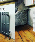 Before and after installation of Vented Interlocking Radiator Cover Kit for Home and Office Easy Snap Connection Heat Resistant Decorative Tiles