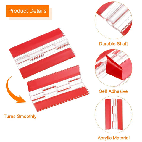 Six Piece Clear Acrylic Hinges, 100x42mm Invisible Self Adhesive Backing, 275 Degree Swivel, showcasing durable red shafts.