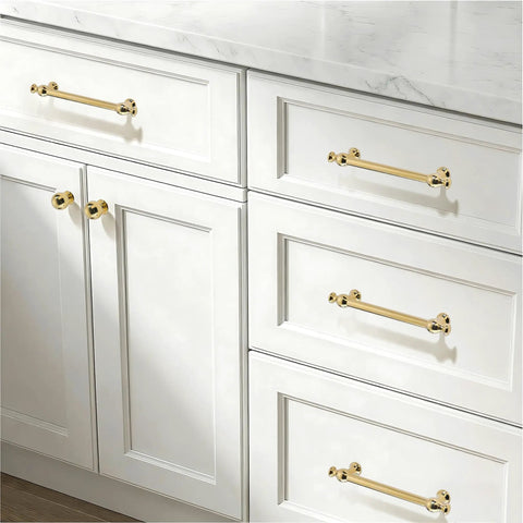 10 Pack Retro Polished Gold Cabinet Handles 3 Inch 76mm Kitchen Cabinet Pulls Drawer Pulls Cabinet Hardware Set Durable Zinc Alloy TU10188 on white drawers