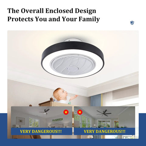 20 Inch Black Ceiling Fan With Light, Low Profile Flush Mount, Remote Control, 3-Color Dimmable Light installed on ceiling
