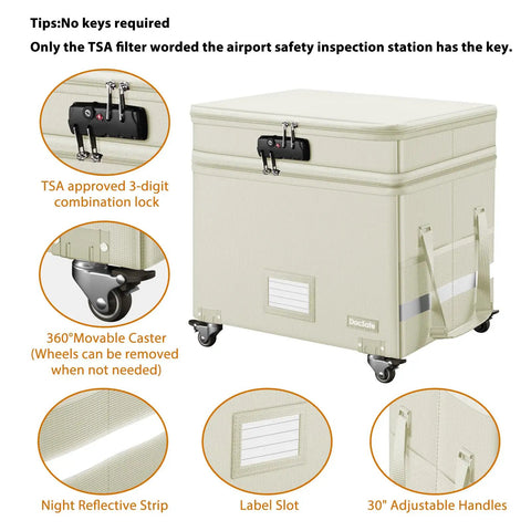 Rock Solid Fireproof Document Box With Secure Lock And Smooth Rollers Collapsible Portable Filing Cabinet Water Resistant Storage Organizer roomy beige with TSA lock and movable casters.