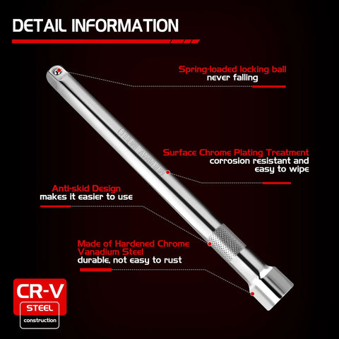 1/4 Inch Drive Extension Bar Set With 2, 4, And 6 Inch Extensions, Universal Joint Socket And Flexible Socket Extension detail view