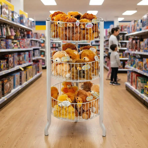 Three Tier Round Wire Dump Bins Display Stand For Retail Floors, white finish, filled with plush toys in a store aisle