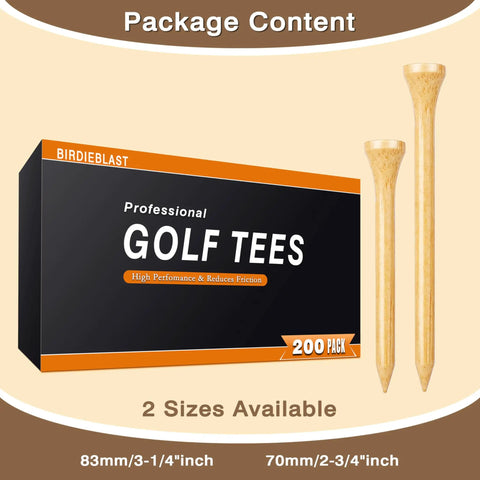 Box and two sizes of Natural Bamboo Golf Tees 200 Pack With 2-3/4 Inch And 3-1/4 Inch Sizes Available Reduce Friction And Side Spin