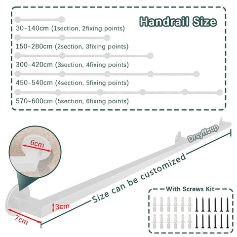 Adjustable Railing Kit With Quick Setup And Top Shelf Safety For Indoor Outdoor Stairs Hallways And Decks featuring size chart and fixing points.