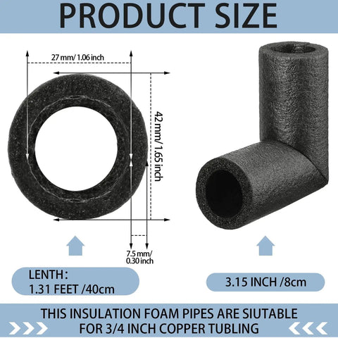 8 Pack Black Elbow Pipe Insulation Foam Tubes For Outdoor Use Easy Install Weatherproof Pipe Covers And Insulation Tubing For Water Lines Sprinklers And Irrigation Systems 1 Inch Fit For Outdoor Winter Protection with size dimensions shown.