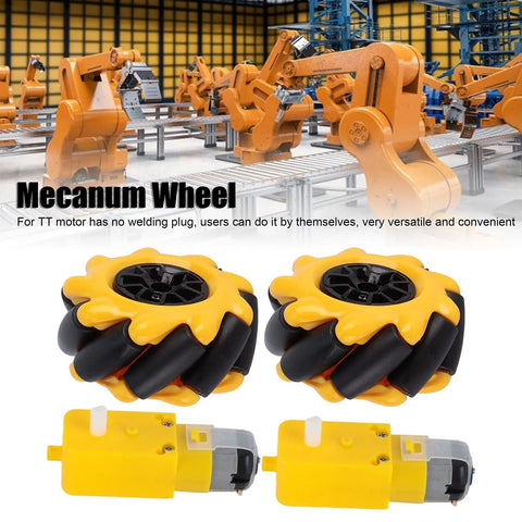 60mm Mecanum wheel kit for DIY robots featuring yellow and black wheels with TT motors, ideal for robot projects and easy assembly.