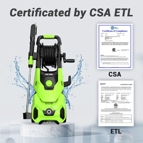 Electric Pressure Washer Beast 2150 PSI Two Point Six GPM with hose reel and soap tank next to CSA ETL certificates.