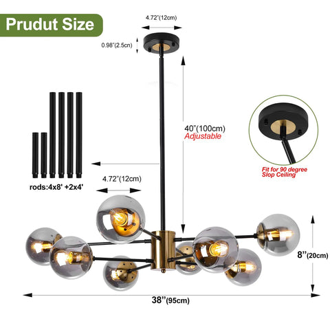 Modern 8 Light Glass Globe Sputnik Chandelier In Black And Gold E26 Base Crystal Pendant Light With Height Adjustable Arms