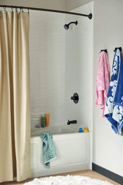 Bathroom featuring tub and shower trim kit in matte black with 6 function shower head, easy clean nozzles and reliable valve trim.