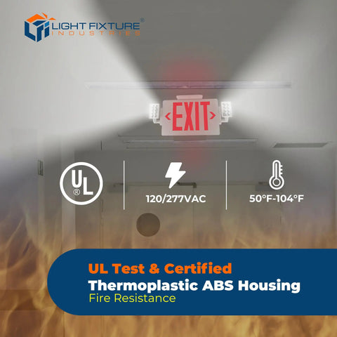Red LED Exit Sign With Emergency Lights In White Housing UL 924 Listed 120 To 277 VAC Hardwired With Battery Backup, wall-mounted