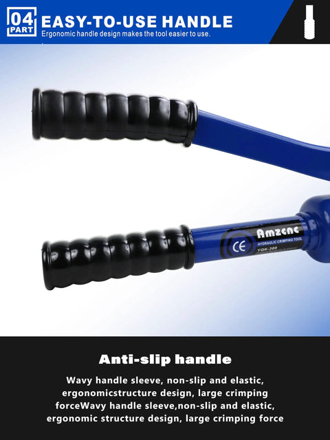 Ergonomic handle of Beefy 16 Ton Hydraulic Cable Lug Crimper Kit For 9 AWG To 600 MCM Electrical Terminals, anti-slip grip.