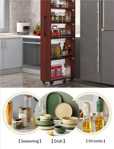 Seven Tier Narrow Rolling Cart With Slick Casters Fits Snug In Tight Kitchen Corners Hella Sturdy Slim Storage Rack With Sure Grip Handle And Bold Red Finish For Cooking Essentials in modern kitchen.