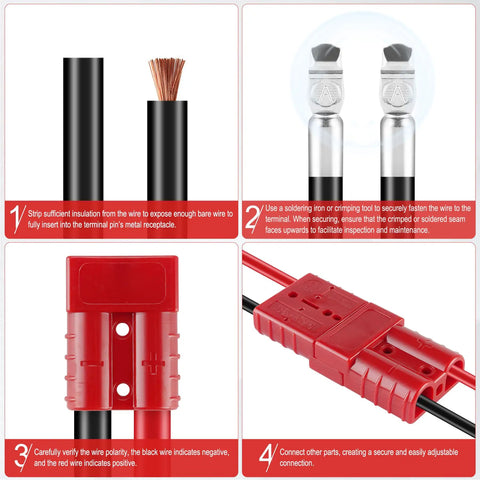 Instructions for 2 Pack 50 Amp Quick Connect Disconnect Battery Connector Kit For 6 To 12 Gauge Wires assembly and connection.
