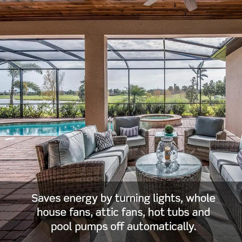 Screened patio with wicker furniture overlooking pool and garden, showcasing energy savings with Countdown Timer Switch For Bathroom Lights And Fans With Four Presets 10 20 30 60 Minutes, Neutral Wire Required, 20A, 1HP 16A Motor, Single Pole Multiway Or Multi Timer, Easy Install, White.