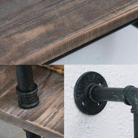 Close-up of metal pipe frame and dark wood finish of Industrial Rustic Bathroom Shelves Wall Mounted 19.7 Inch Two Tier With Towel Bar