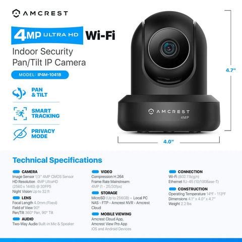 4MP ProHD Indoor WiFi Security IP Camera with Pan Tilt and Two Way Audio Night Vision Remote Viewing 90 Degree Wide Field H265