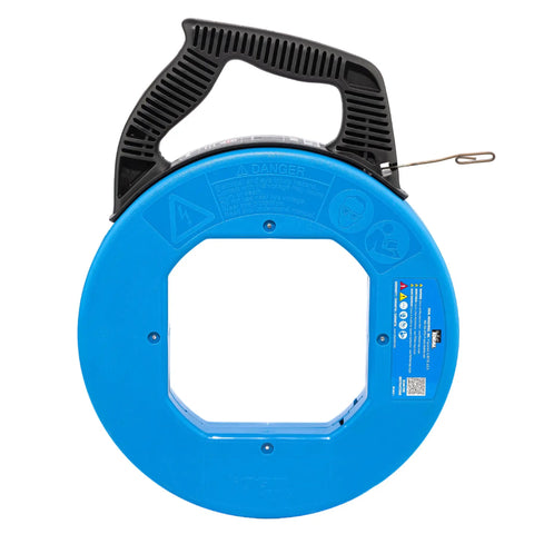 Stainless Steel Fish Tape 240 Feet With Formed Hook And Tuff-Grip Pro Case, Non-Oily Finish, shown in blue case front view