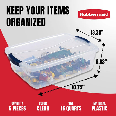 Rock Solid 17 Quart Clear Stackable Totes With Waterproof Airtight Latches Heavy Duty Plastic Storage Bins For Kitchen And Craft Organization 6 Pack, clear plastic bin with toys, dimensions shown.