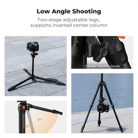 Travel Ready 63 Inch Aluminum Camera Tripod With Phone Holder, camera setup on low-height tripod with adjustable legs