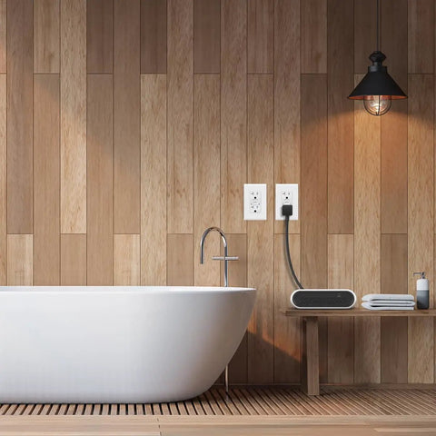 Modern bathroom setting with 20 Amp GFCI Outdoor Outlet With Self Test, Weather Resistant Receptacle, LED Indicator, White on wall