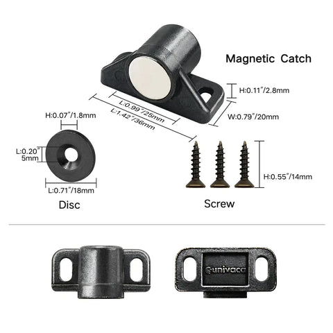 Battle Tested Magnetic Cabinet Door Catch Latch 4 Pack Neodymium Zinc Alloy Gun Metal with three screws and dimensions.