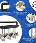 Heavy Duty Adjustable Rebar Bender With Three Station Edge Roller, metal bender showing sturdy handles and metric depth gauge