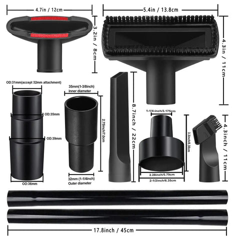13-Piece Universal Vacuum Attachment Kit For Wet And Dry Cleaning Fits Hoses From 1 Inch To One-Seven-Eighth Inch ID
