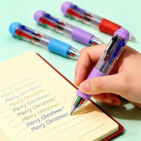 Hand writing in notebook with four-color pen from Bulk Stationery Gift Set With 24 Four In One Retractable Pens Multi Color Inks 24 Mini Notebooks And 24 Organza Bags For Corporate Events And Teacher Appreciation Ideal Office Supplies.
