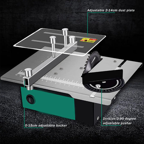 Heavy Hitter Mini Table Saw With Nifty Quick Change Blades For Precision Diy Cuttings And Wood Engraving Compact Workshop Tool showing adjustable features and blade.
