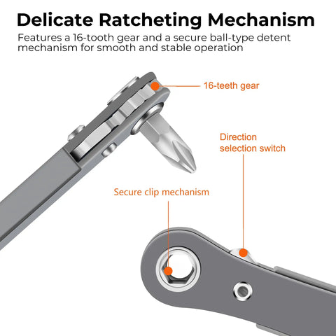 Close-up of 11 Piece Right Angle Screwdriver Set With One Quarter Inch Mini Ratchet Wrench showcasing 16-tooth gear and switch.