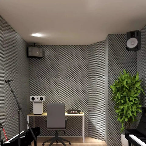 High Density Acoustic Foam Panels For Room Noise Reduction Water Resistant Soundproof Wall Pads With Tight Adhesive Backing in a studio.