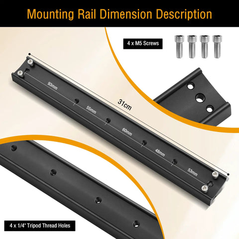 Close-up of 31cm GP prism rail with mounting dimensions, tripod thread holes, and M5 screws for telescopes